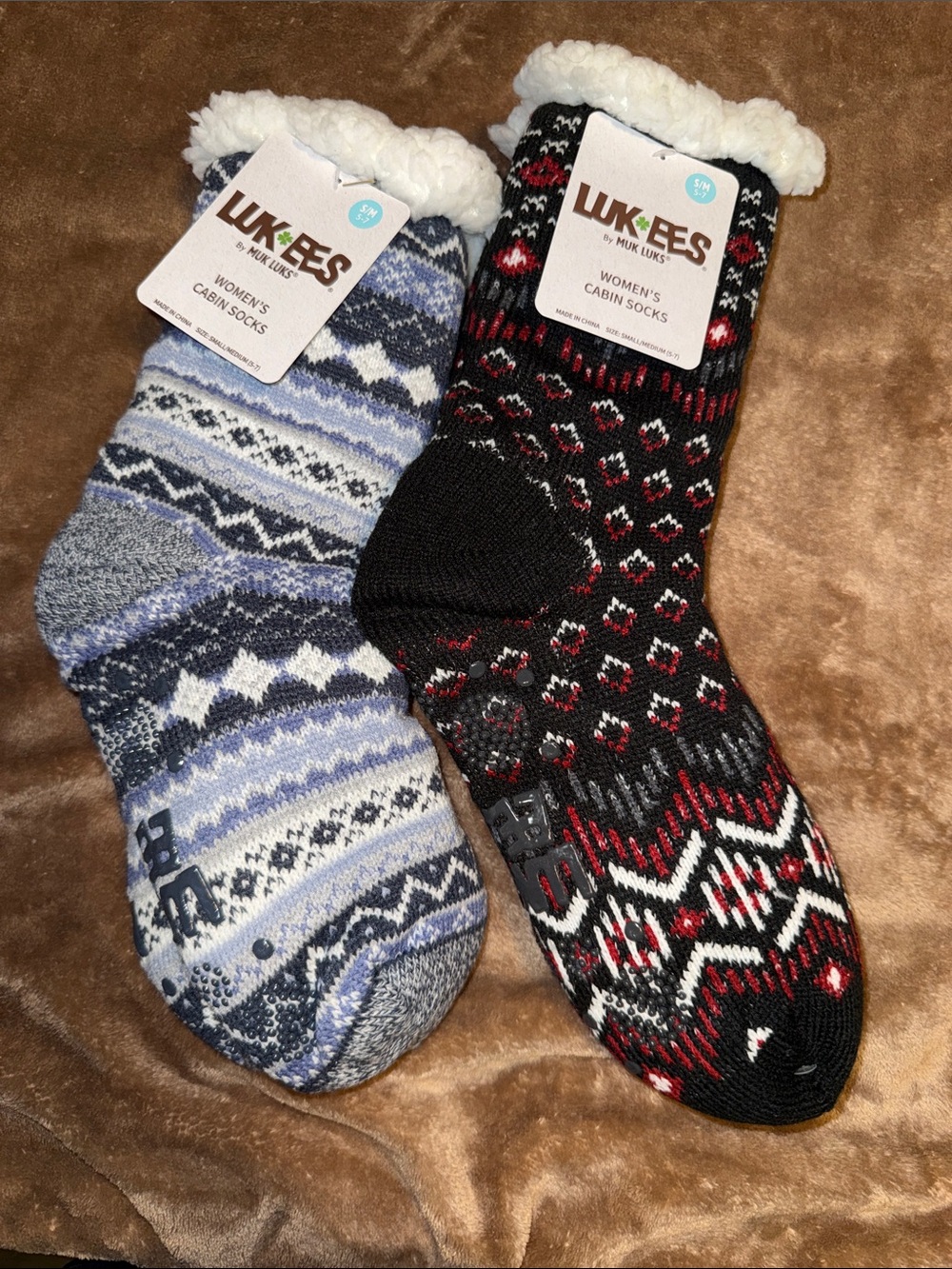 Muk Luks Women's Cabin Socks - Black, Red & Light Blue Cozy Pair